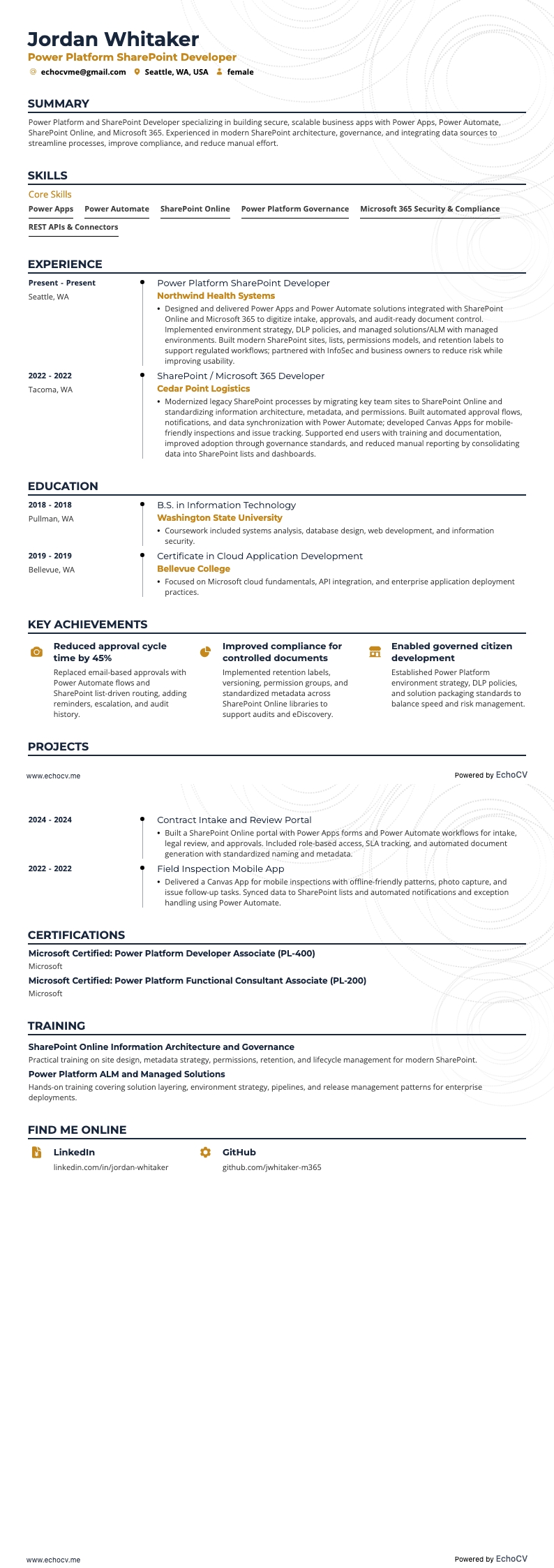 Power Platform SharePoint Developer example resume