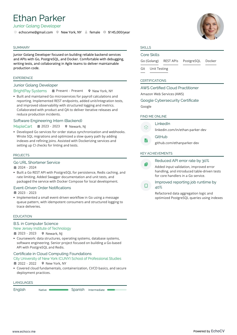 Junior Golang Developer example resume