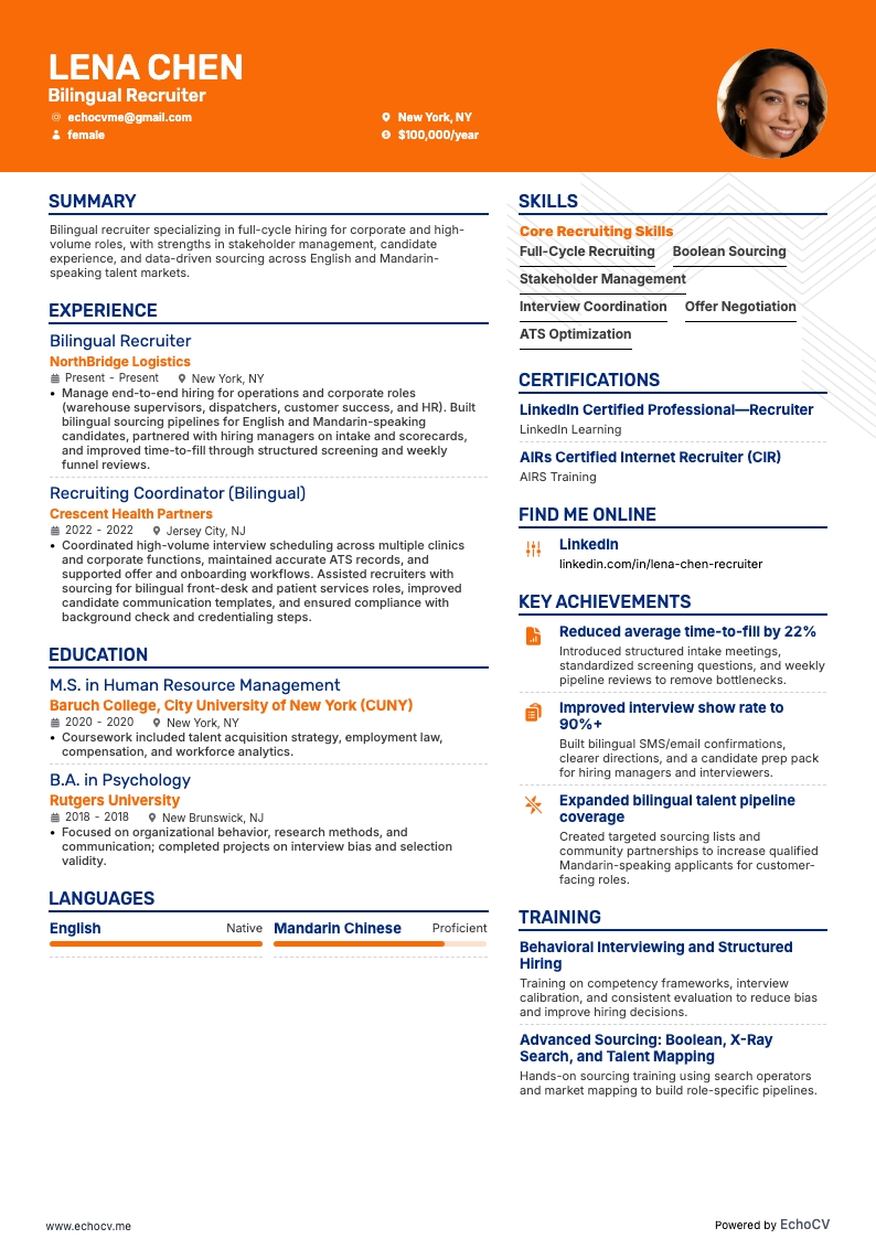 Recruteur bilingue example resume