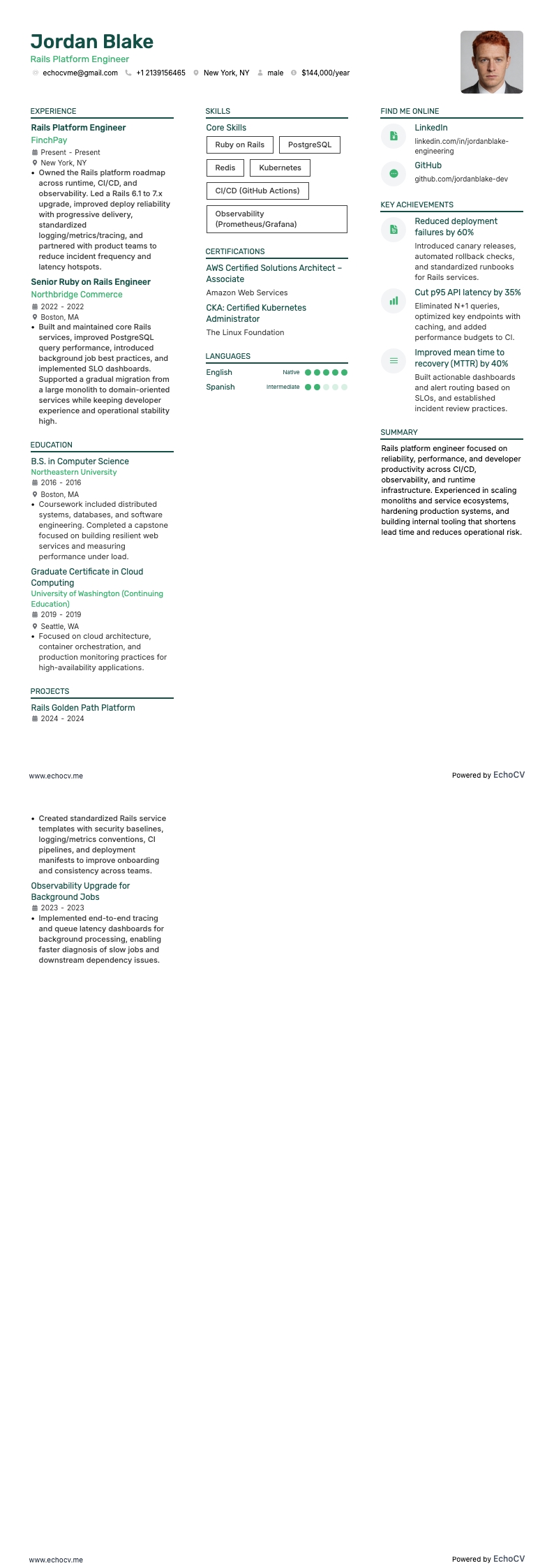 Rails Platform Engineer example resume