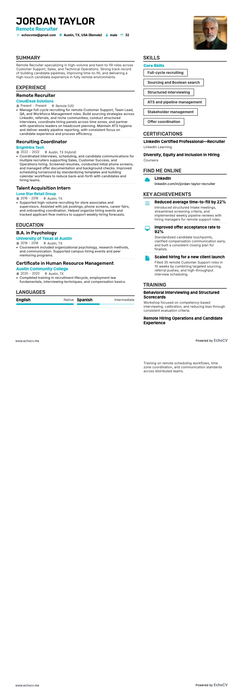 Recruteur à distance example resume