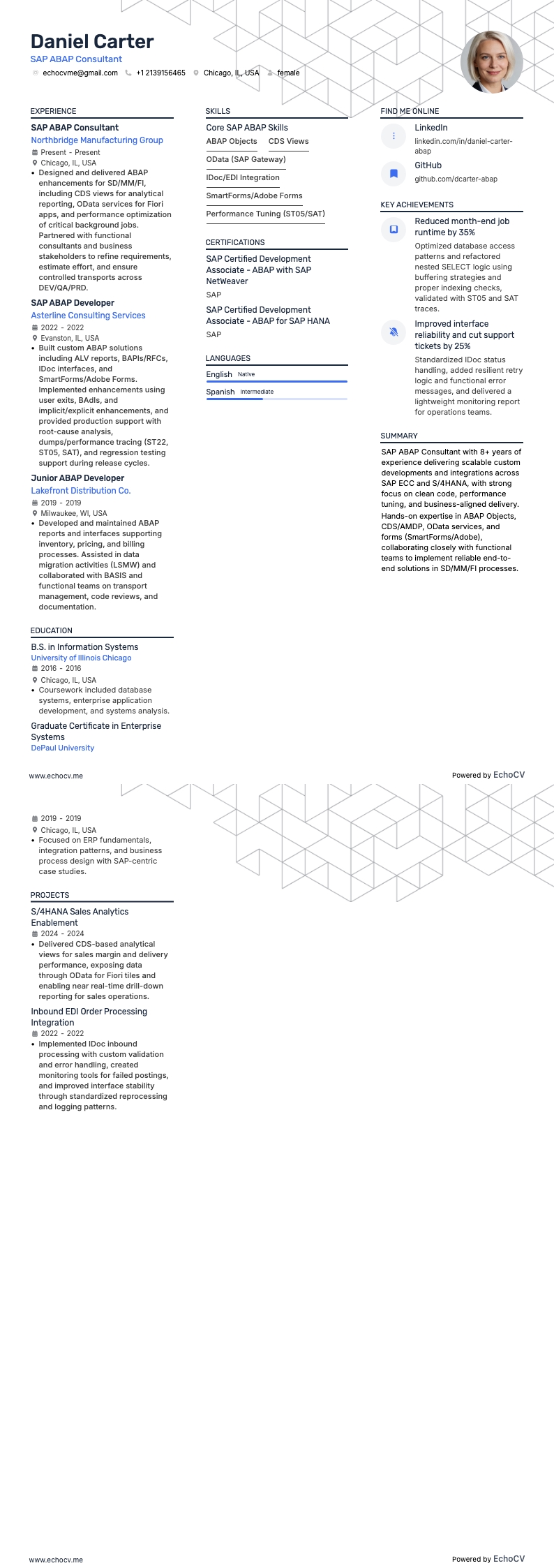 SAP ABAP顾问 example resume
