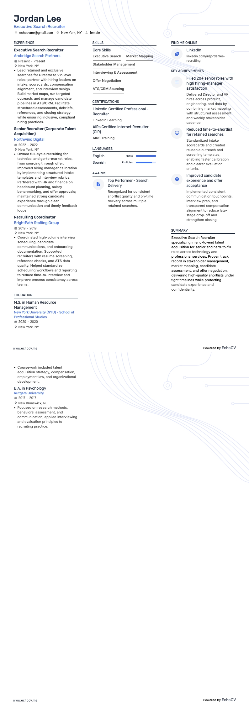 Recruteur en chasse de têtes example resume