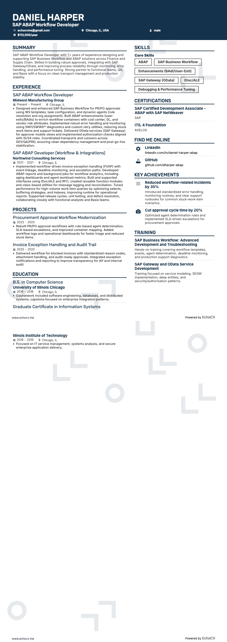 SAP ABAP开发工程师 resume example