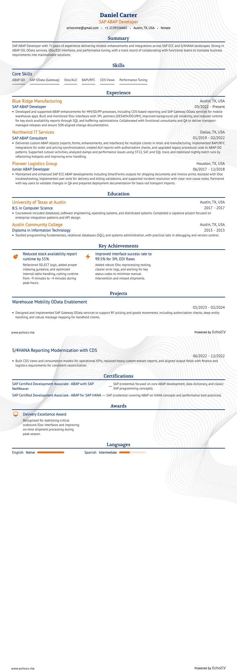 SAP ABAP开发工程师 example resume