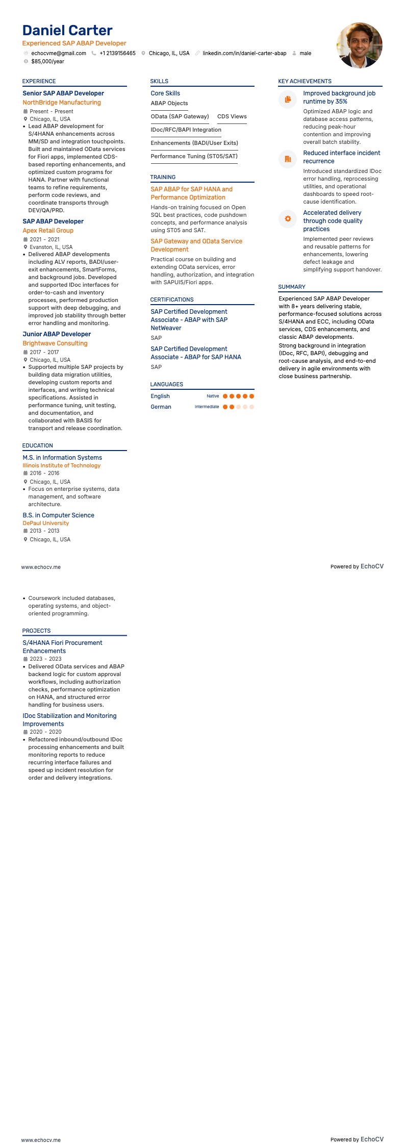 资深SAP ABAP开发工程师 example resume