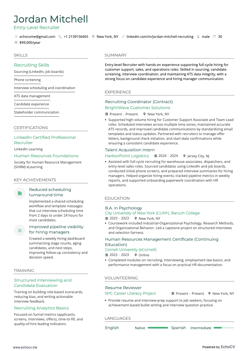 Recruteur débutant example resume