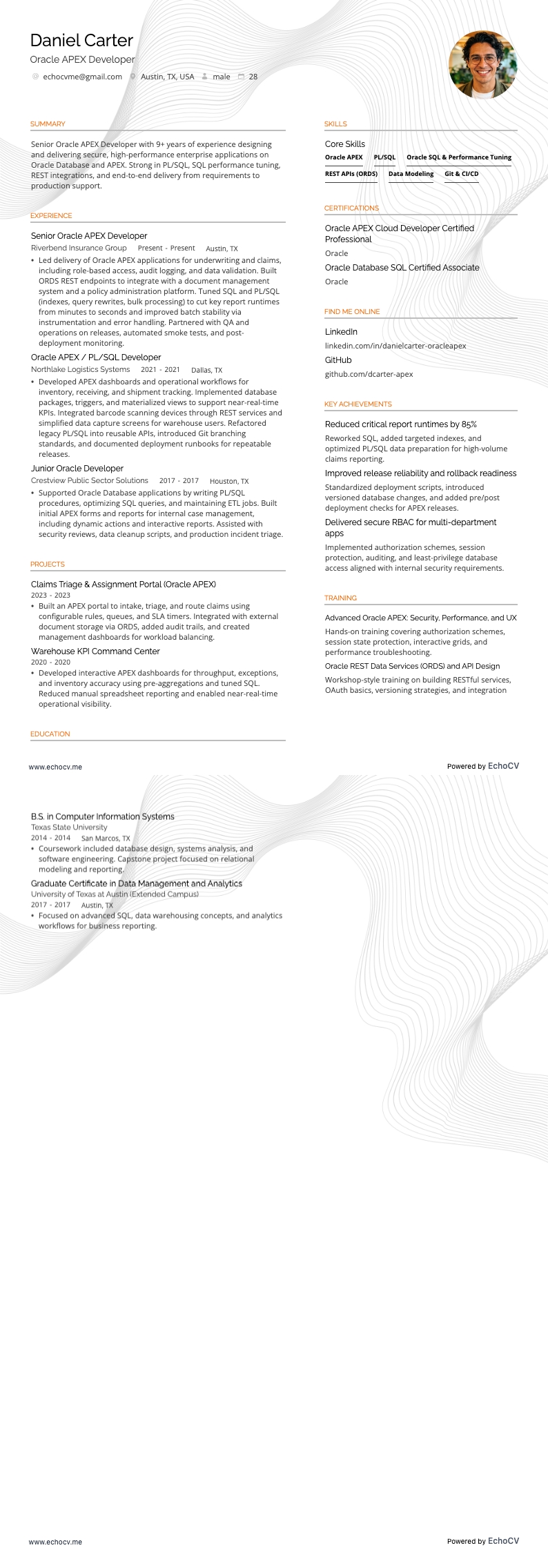 Oracle APEX 开发工程师 resume example