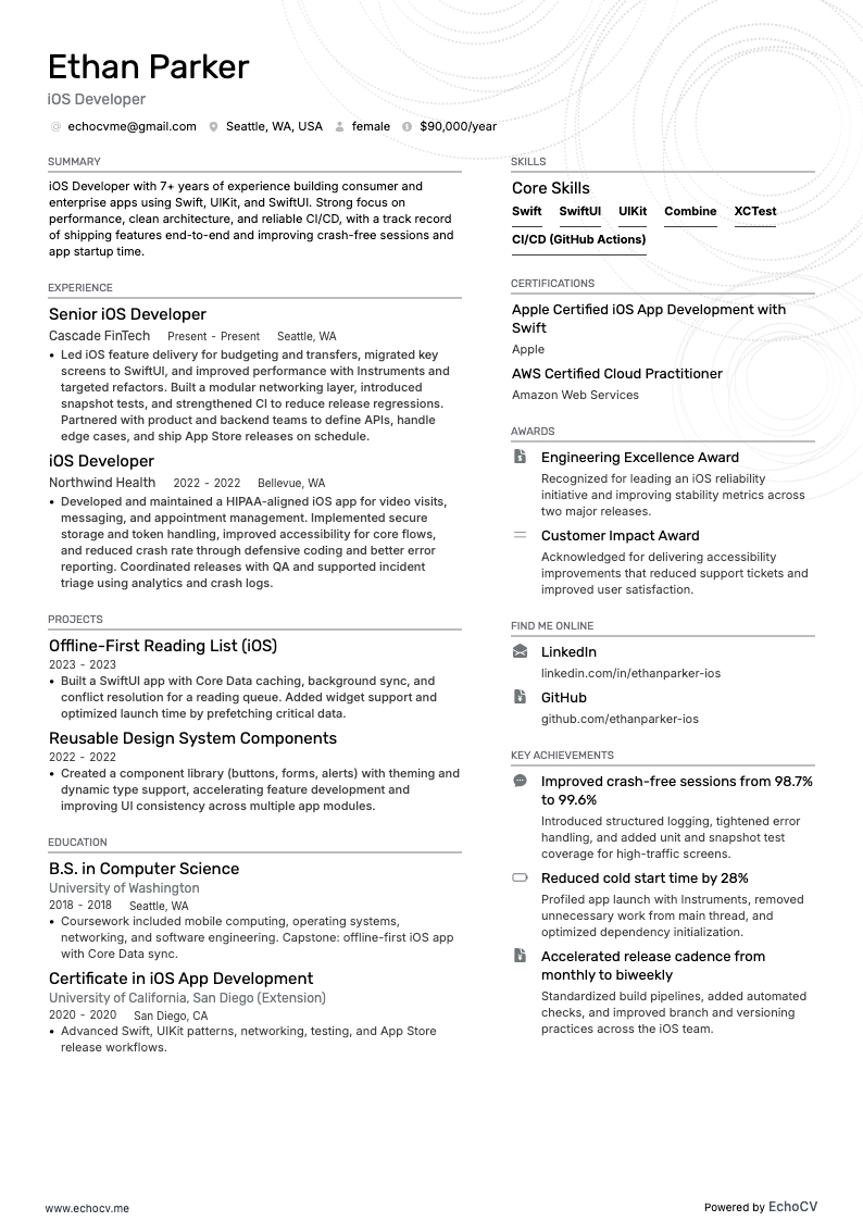iOS Developer example resume