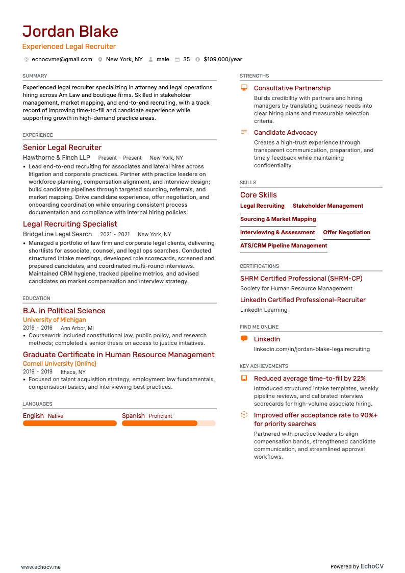 Recruteur juridique expérimenté example resume