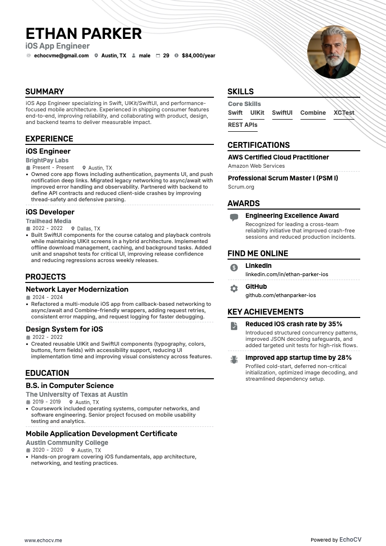 iOS App Engineer example resume