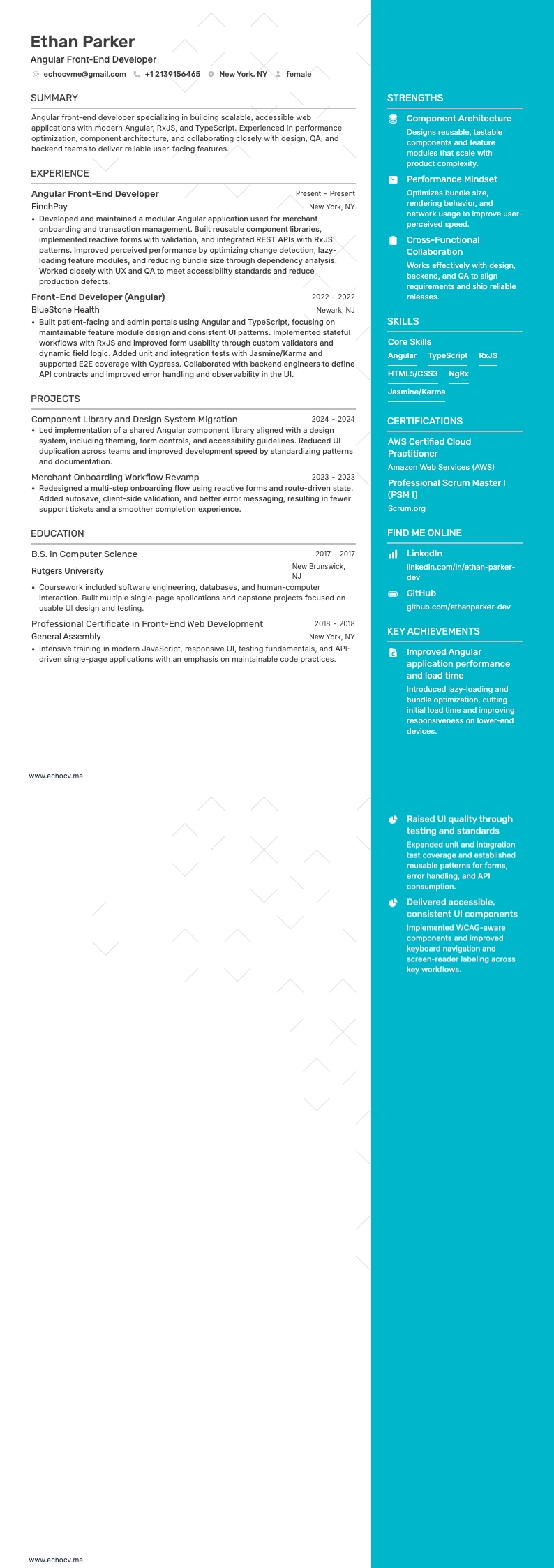 Angular Front-End Developer example resume
