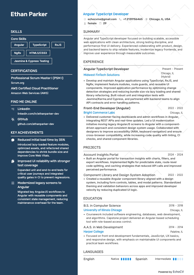 Angular TypeScript Developer example resume