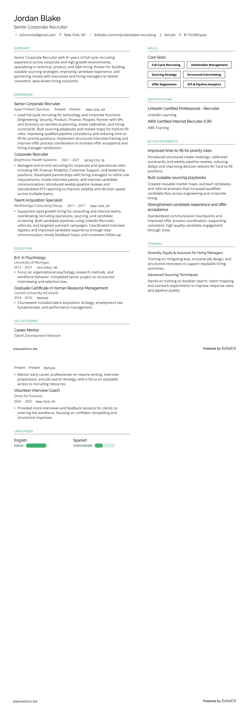 Recruteur d’entreprise senior example resume