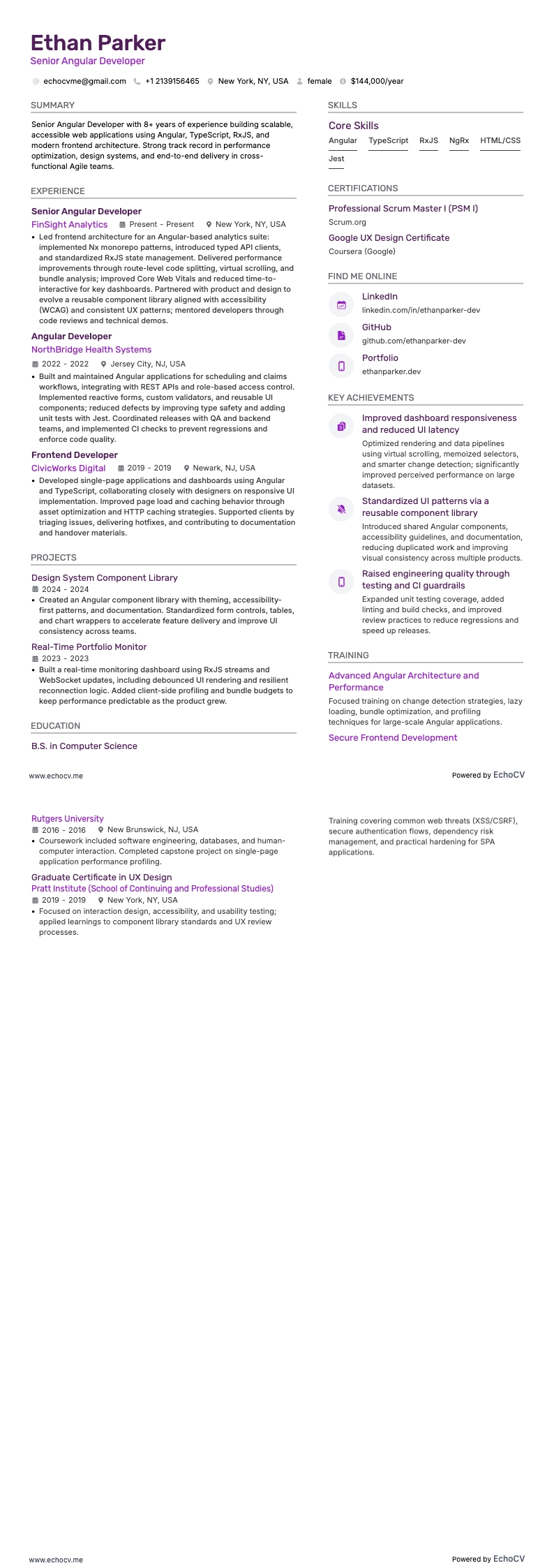 Senior Angular Developer example resume