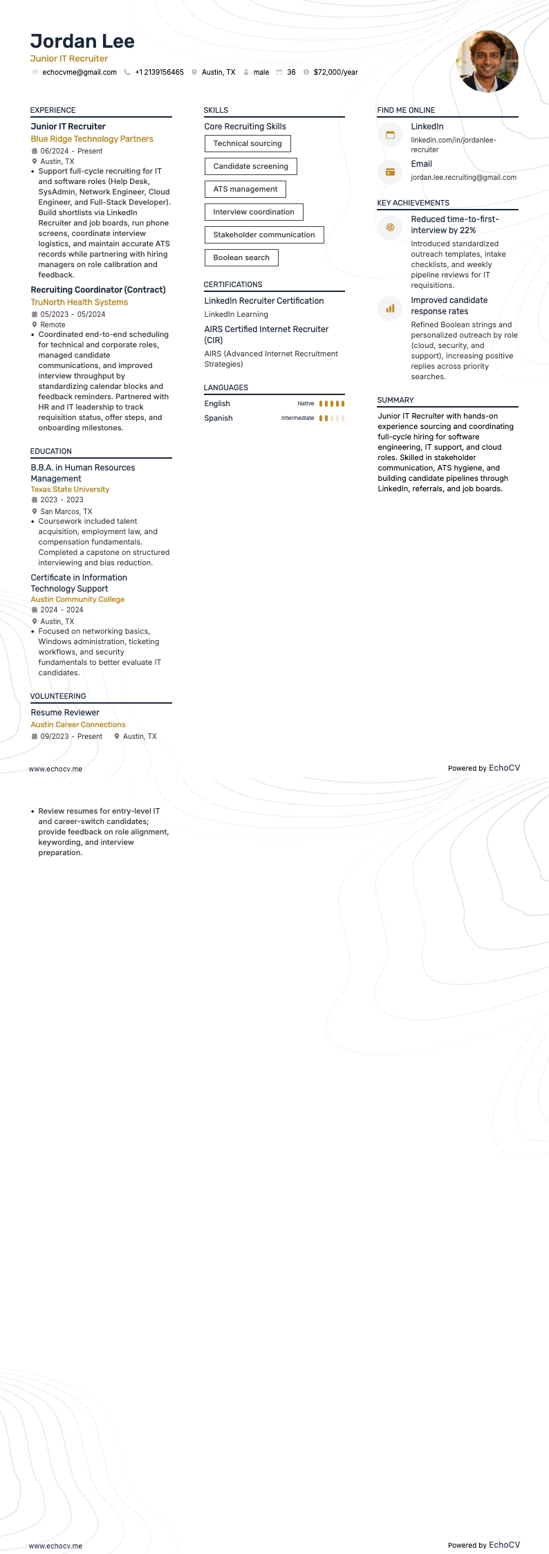 Chargé de recrutement IT junior example resume