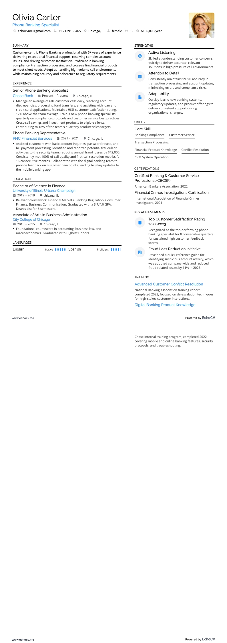 Phone Banking example resume