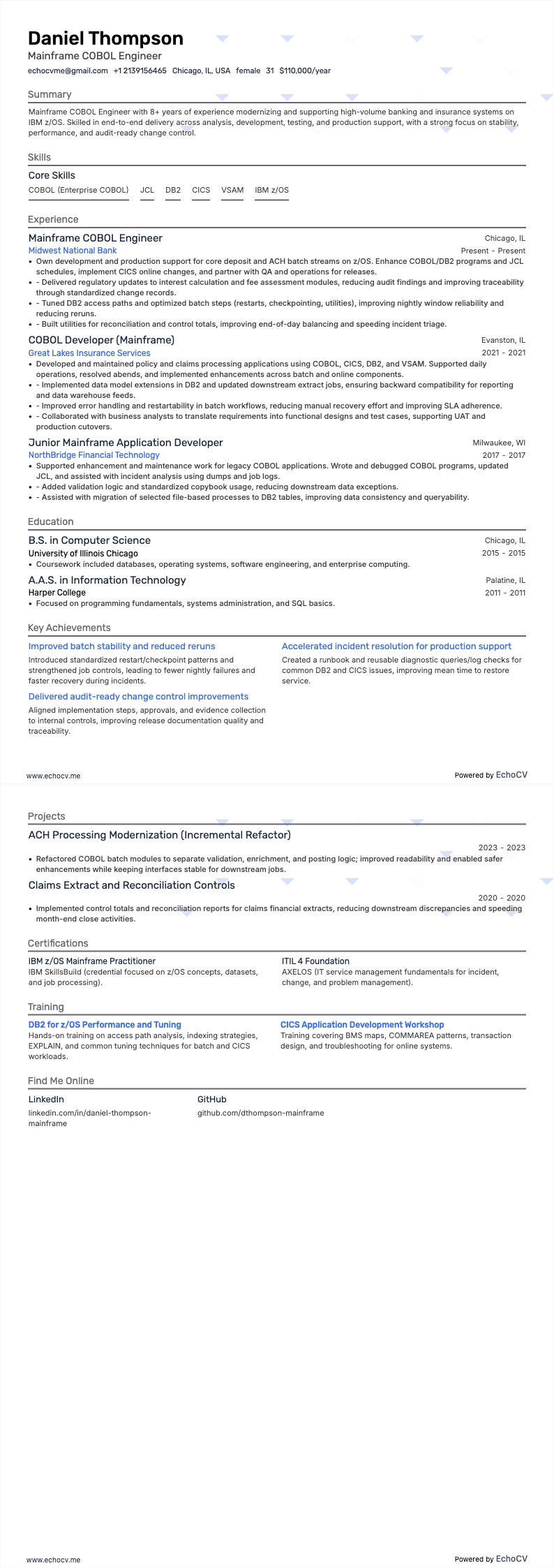 Mainframe COBOL-engineer example resume