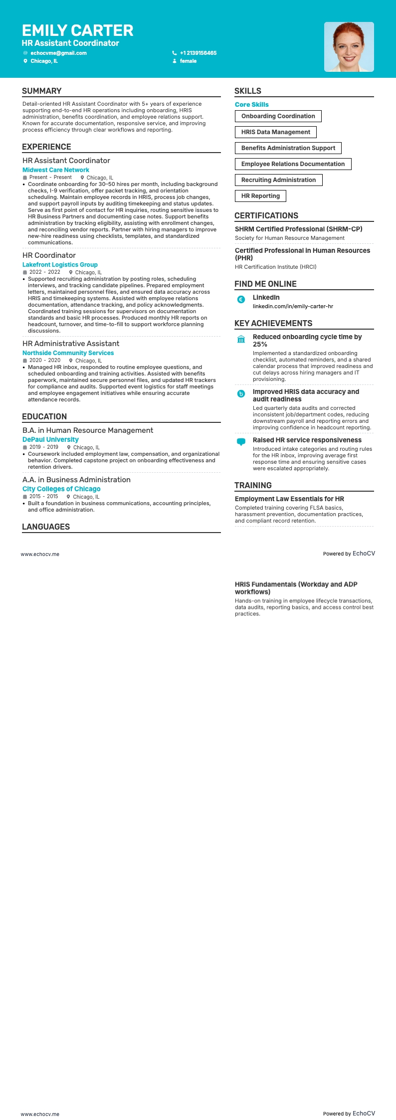 HR-assistentcoördinator example resume