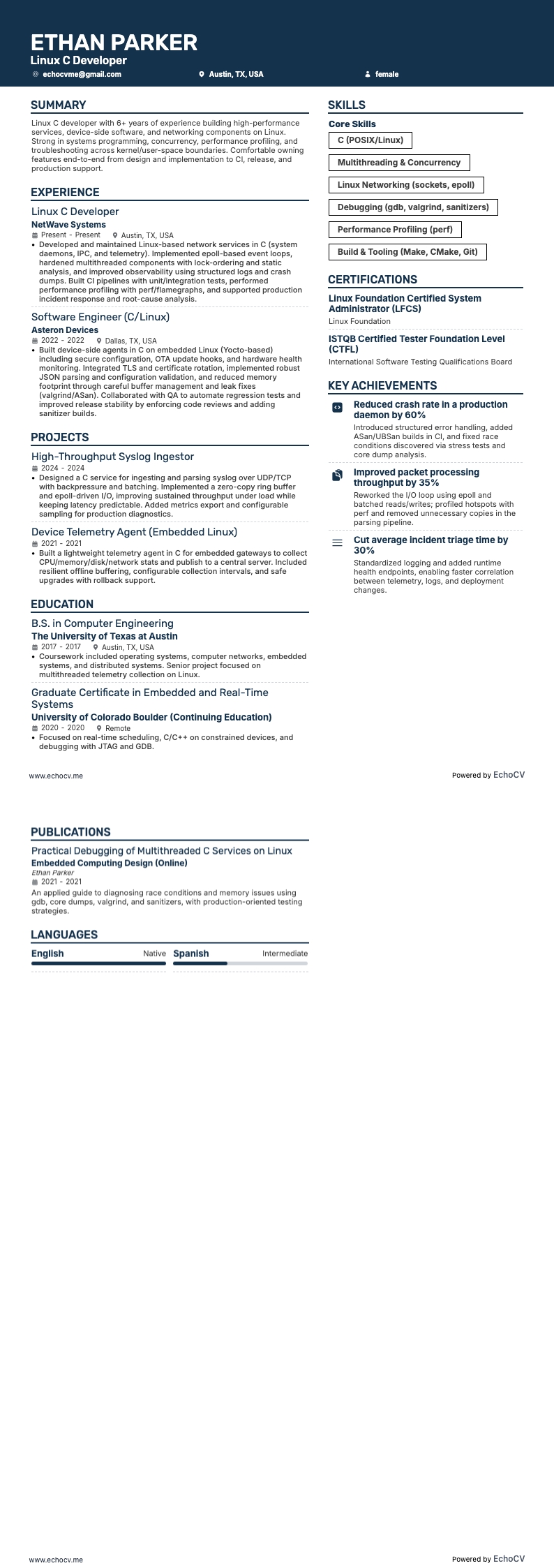 Linux C Developer example resume
