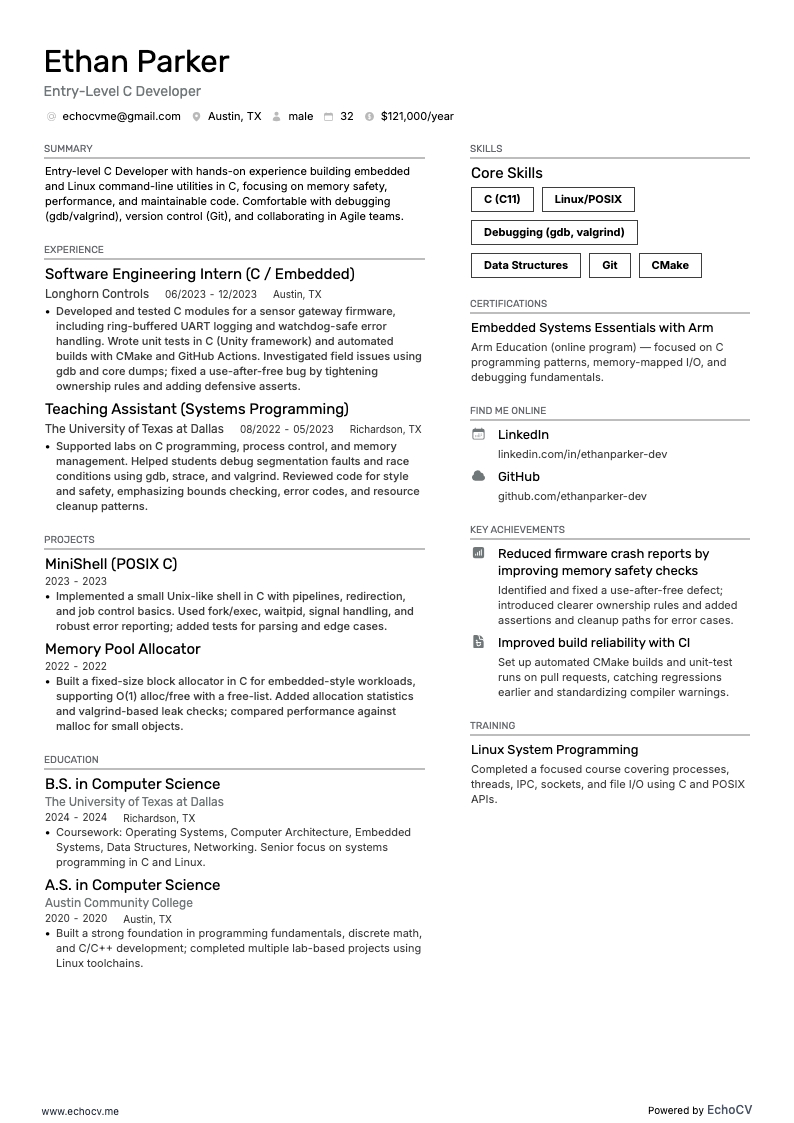 Entry-Level C Developer example resume