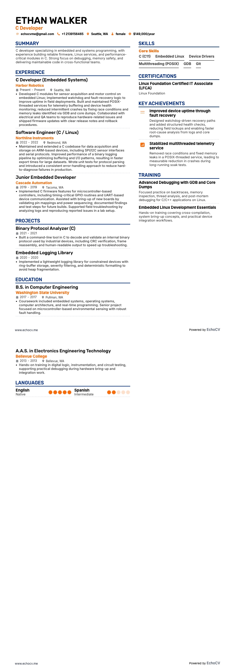 C Developer example resume