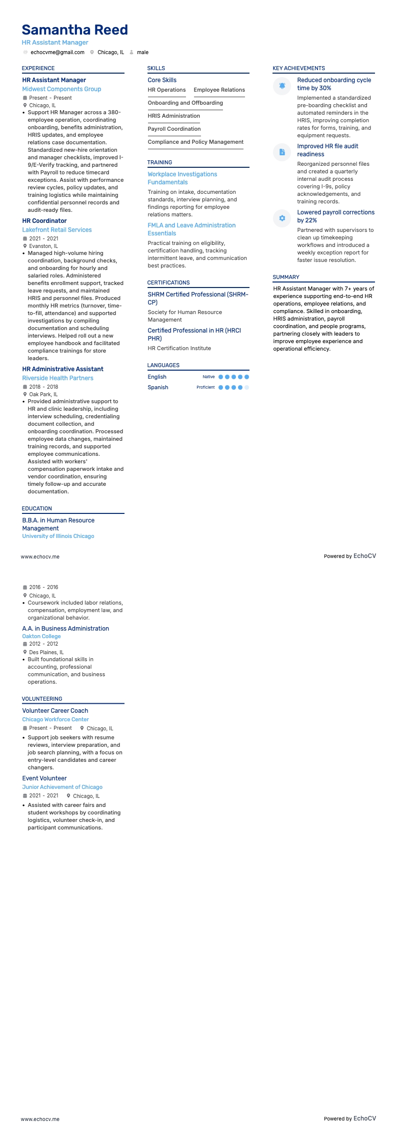 Assistent HR-manager example resume