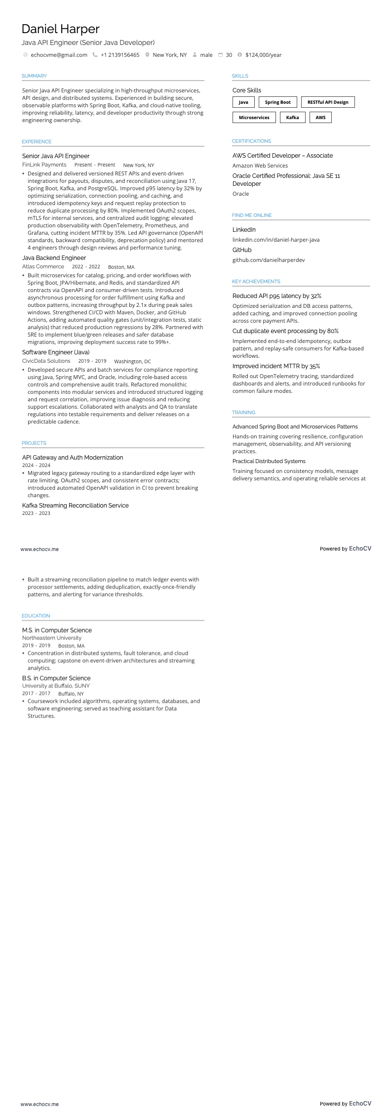 Java API 엔지니어 example resume