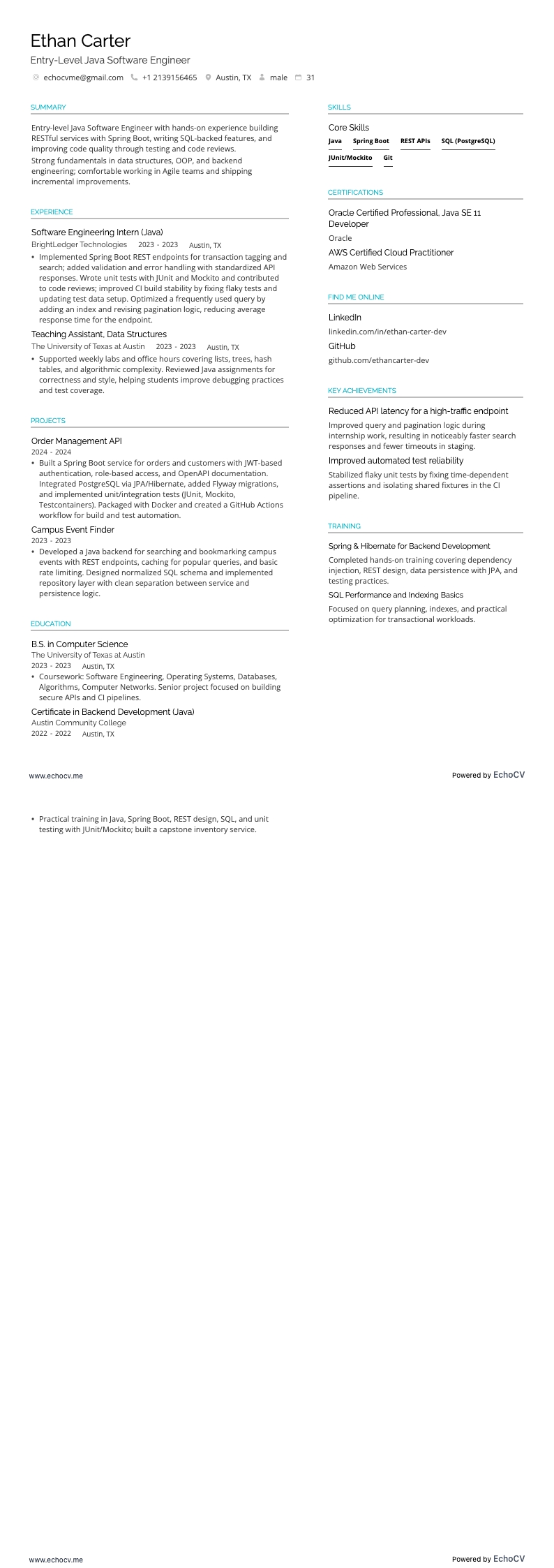 신입 Java 소프트웨어 엔지니어 example resume