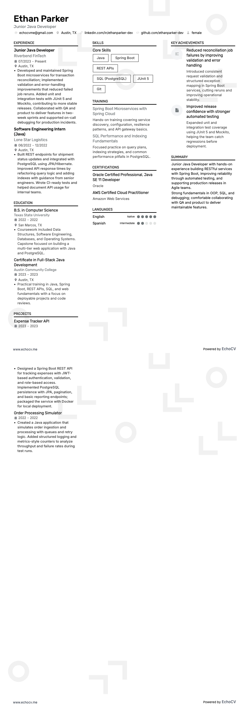 주니어 Java 개발자 resume example