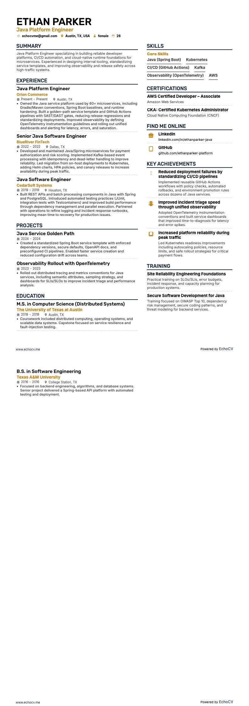 Java Platform Engineer example resume