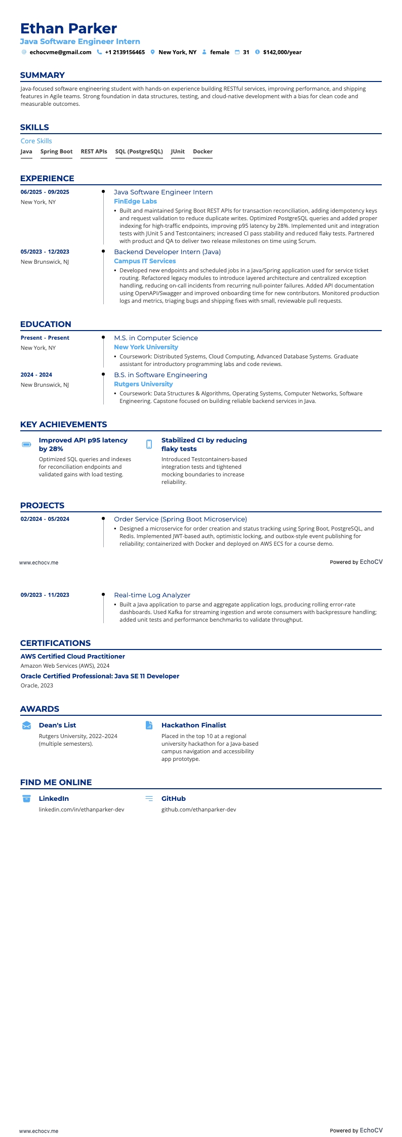 Java Software Engineer Intern example resume