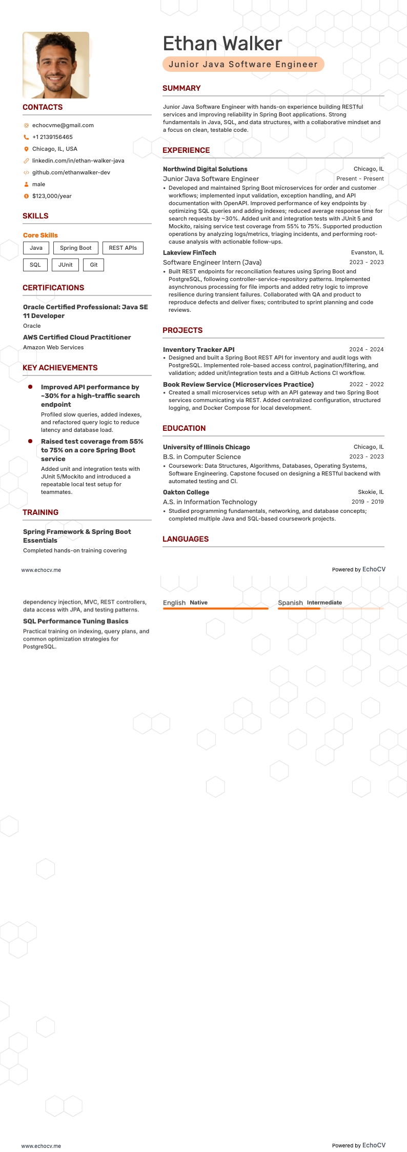 Junior Java Software Engineer example resume
