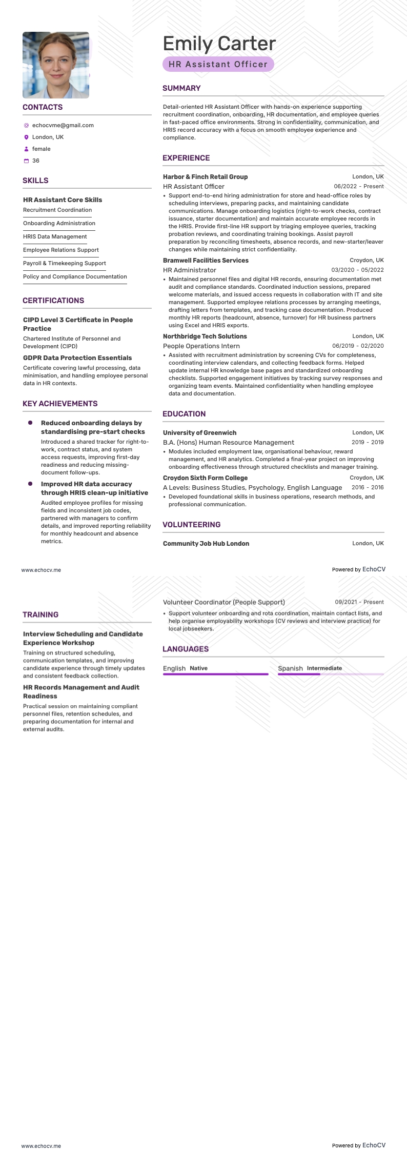 Assistant RH resume example