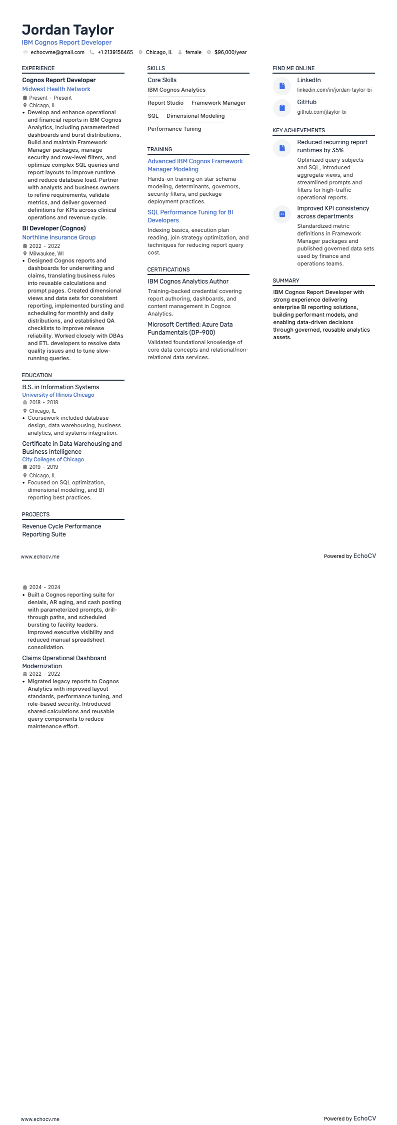 IBM Cognos Report Developer example resume