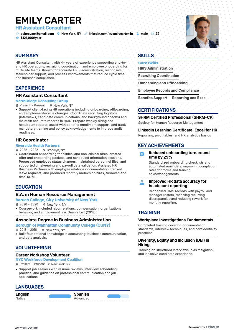 HR-assistent adviseur example resume
