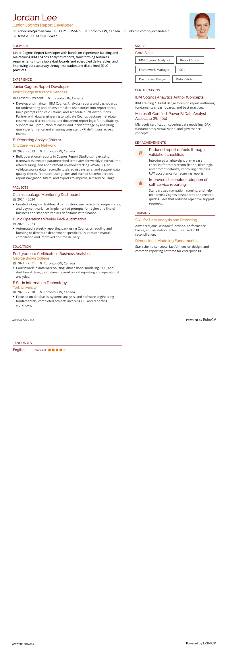 Junior Cognos Report Developer example resume