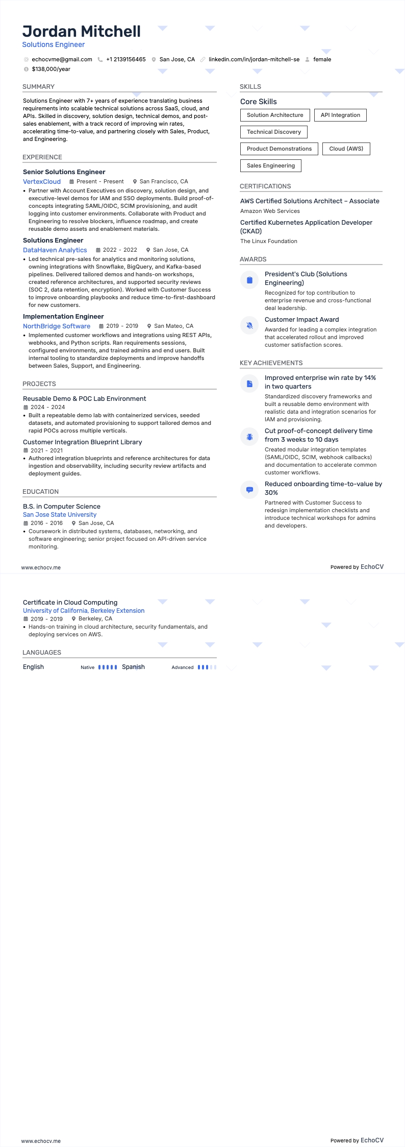Solutions Engineer example resume