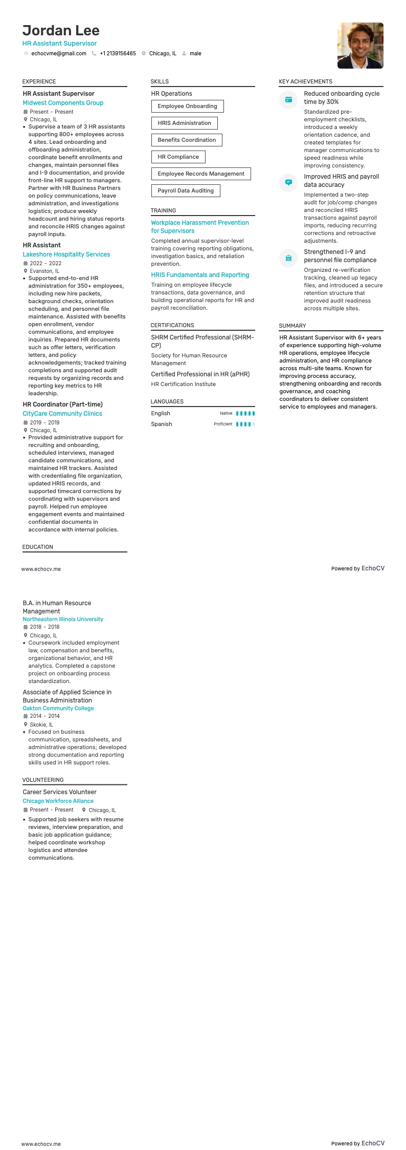 Assistent-supervisor HR example resume