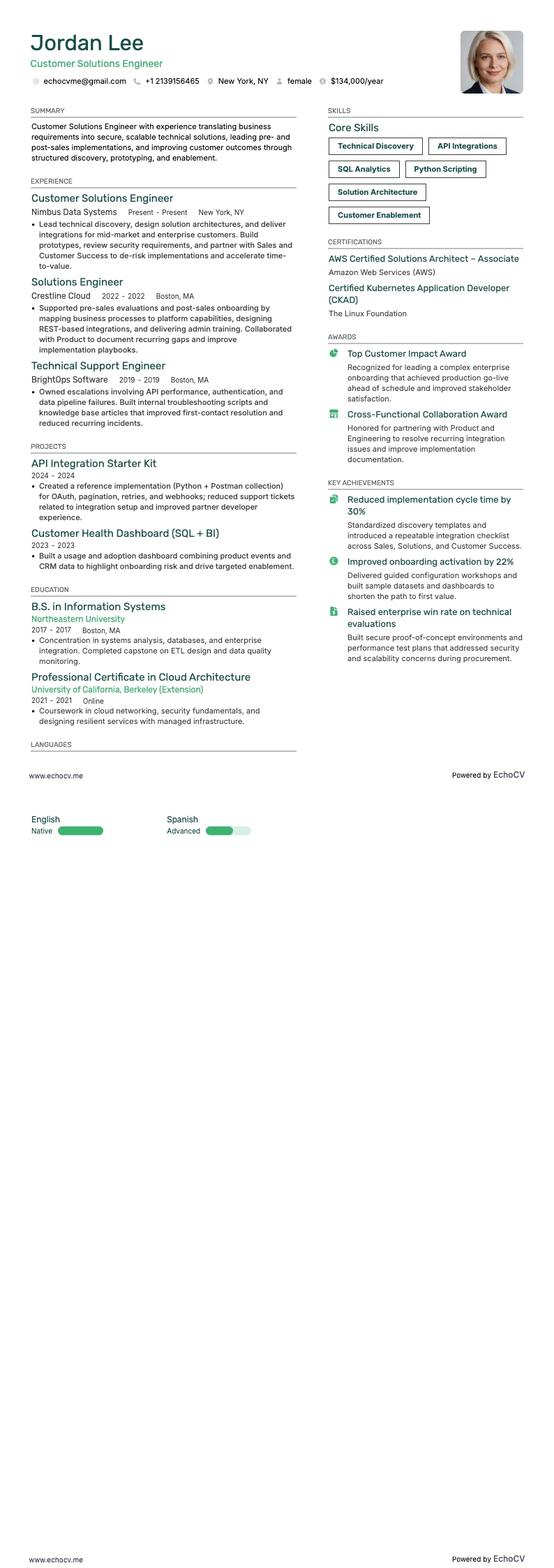 Customer Solutions Engineer example resume