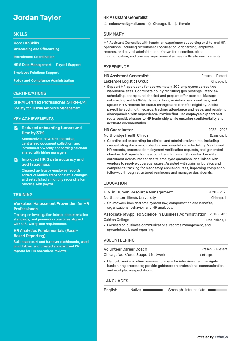 Asistente de RR. HH. resume example