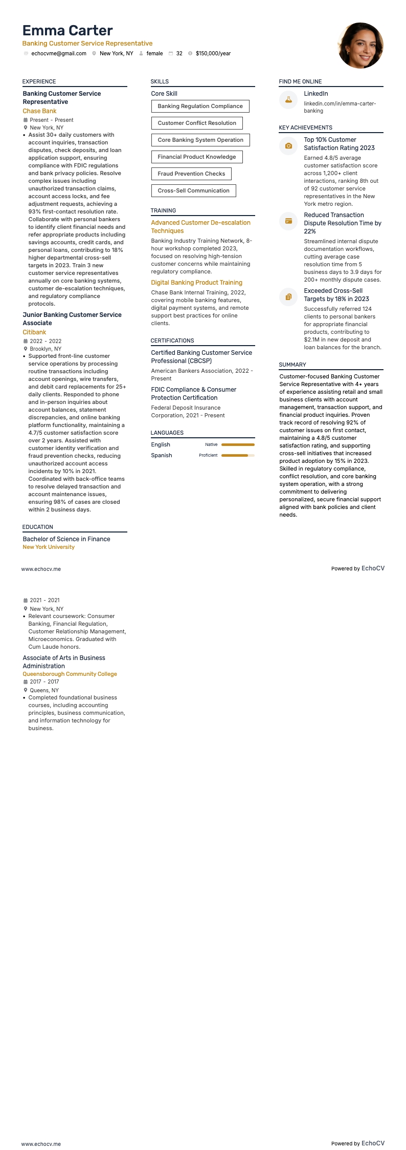 Banking Customer Service Representative example resume