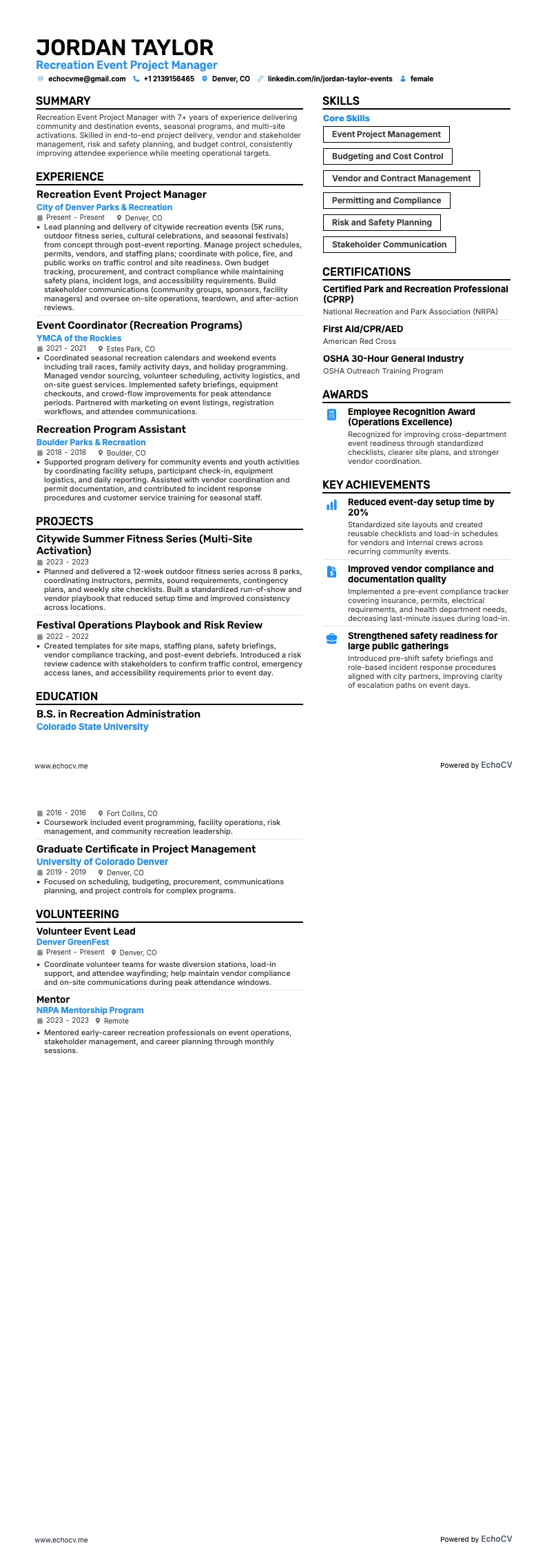 Projektledare för evenemang resume example