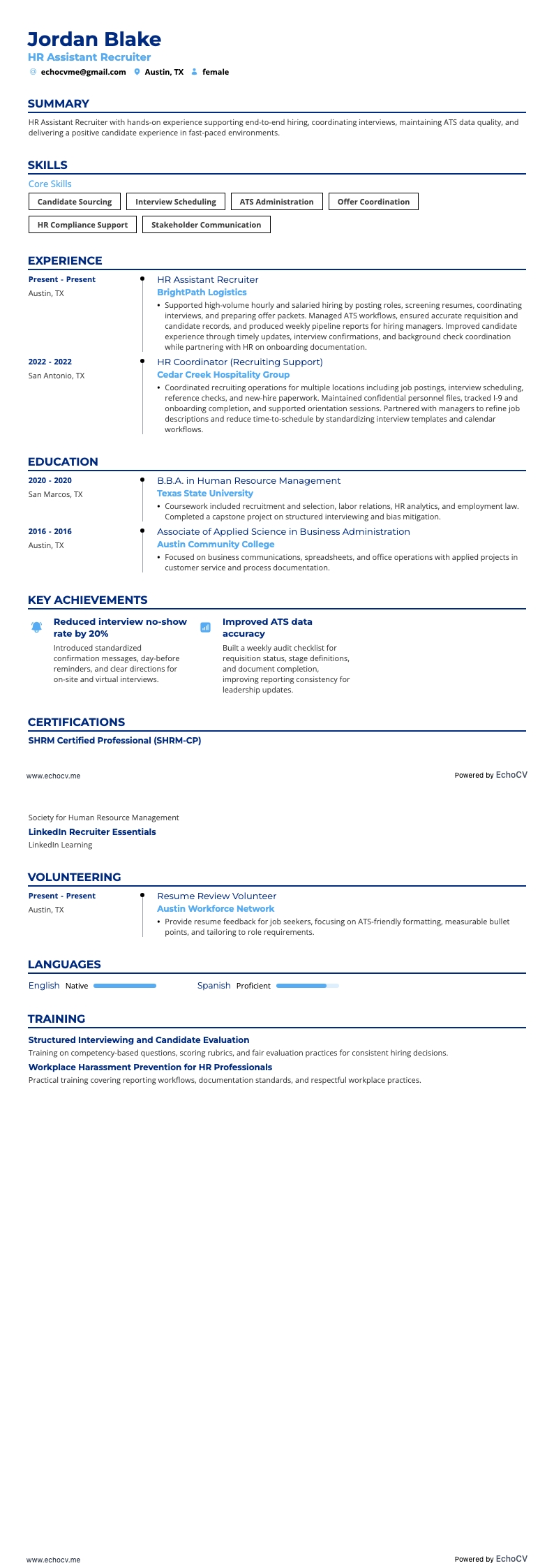HR-assistent recruiter example resume