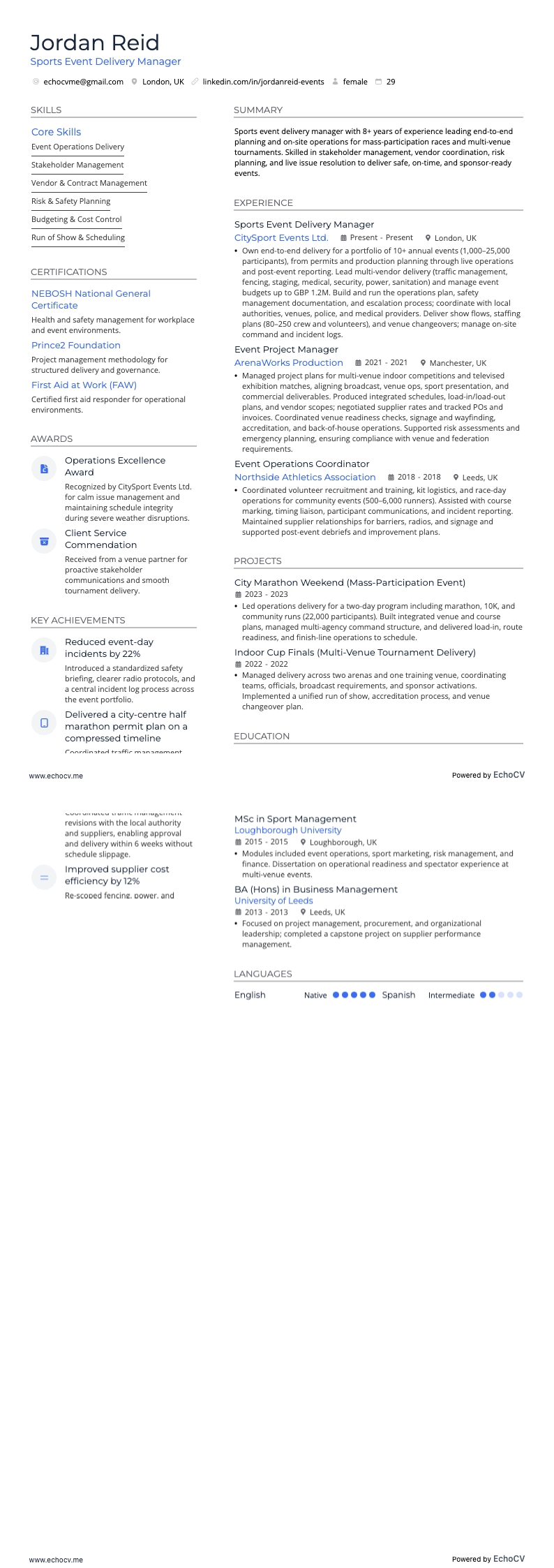 Chef de projet événementiel resume example