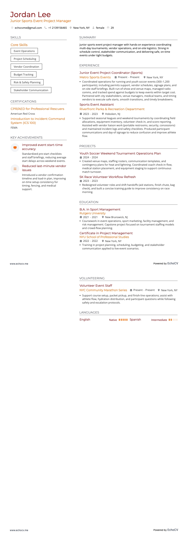 Gerente de Projetos de Eventos resume example