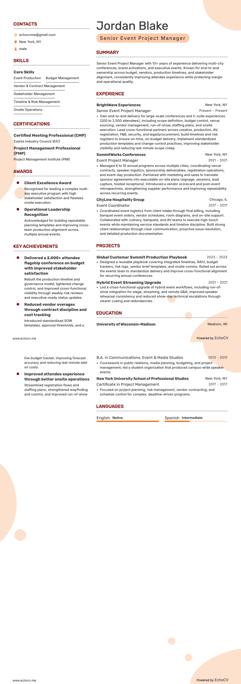 Event Project Manager resume example