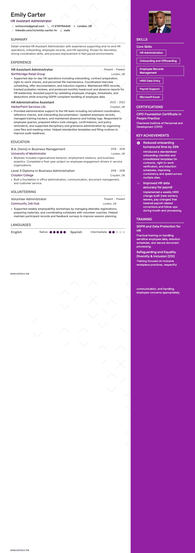 HR-assistent-administrateur example resume