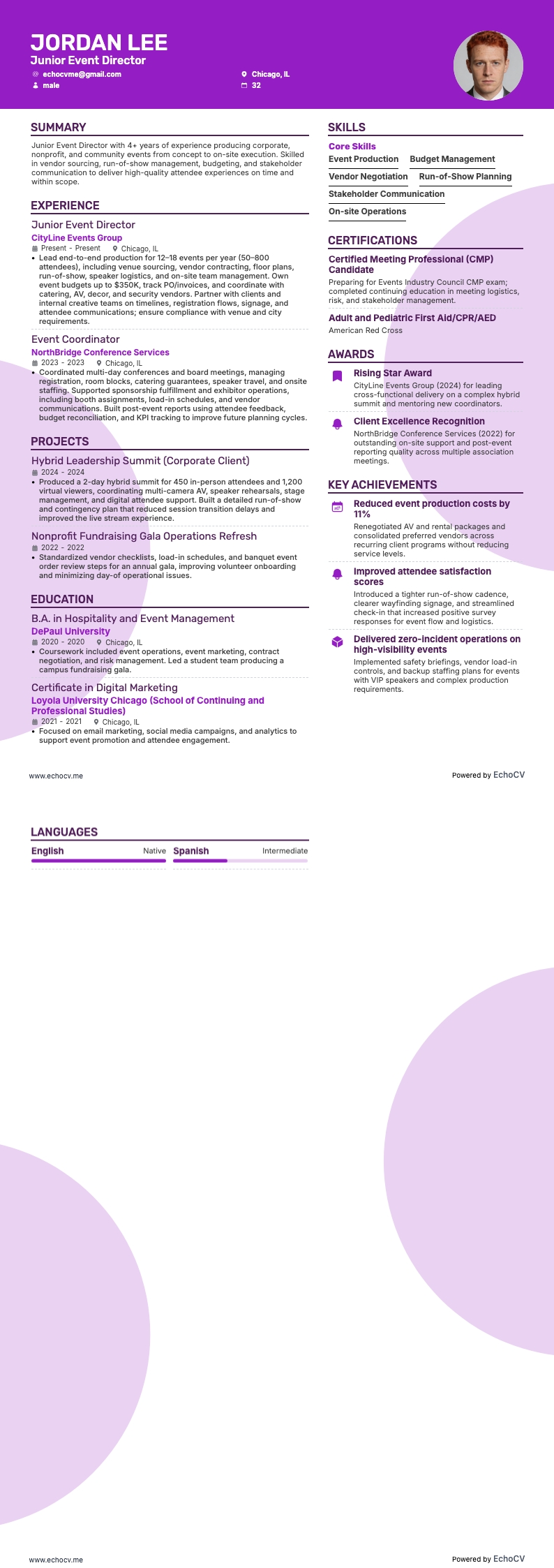 Eventdirecteur resume example