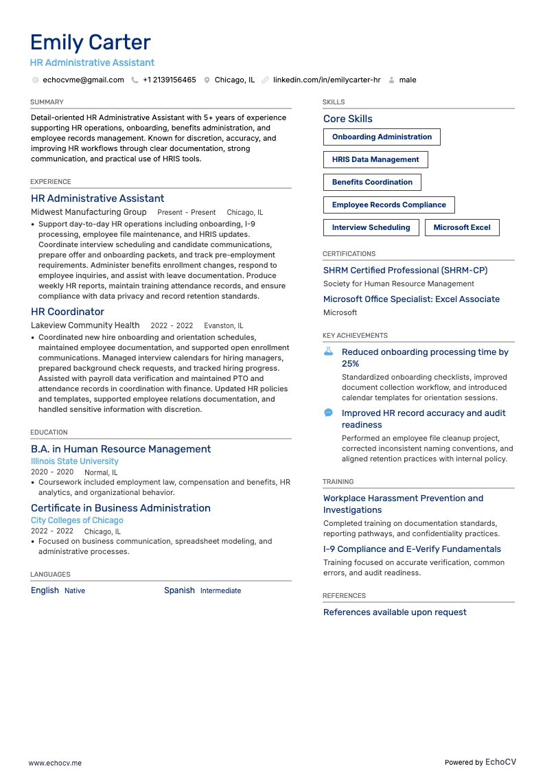 HR-administratief assistent example resume